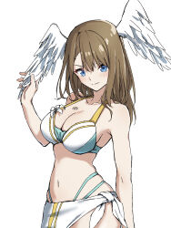 Rule 34 | 1girl, alternate costume, bikini, blue eyes, breasts, brown hair, cleavage, eunie (xenoblade), head wings, highres, kame 0 0 kame, large breasts, looking at viewer, navel, official alternate costume, sarong, simple background, smile, solo, swimsuit, white background, wings, xenoblade chronicles (series), xenoblade chronicles 3