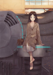 Rule 34 | 1girl, anklet, bad id, bad pixiv id, bag, barefoot, blue eyes, book, brown hair, coat, dress, jewelry, lensa, long hair, original, science fiction, sitting, sitting on object, smile, solo, wrench