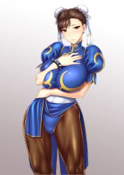 Rule 34 | 1girl, blue leotard, blush, bracelet, breasts, brown pantyhose, bun cover, capcom, china dress, chinese clothes, chun-li, double bun, dress, earrings, eyeshadow, gradient background, grey background, hair bun, hand on own chest, highleg, highleg leotard, highres, huge breasts, impossible clothes, jewelry, leotard, lips, makeup, pantyhose, pelvic curtain, puffy sleeves, shiny clothes, short sleeves, solo, spiked bracelet, spikes, st.germain-sal, street fighter, sweatdrop, swept bangs