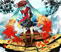 Rule 34 | 1girl, aki miku, aqua eyes, aqua hair, arms behind back, autumn, boots, cross-laced footwear, eiji (eiji), gradient hair, hat, hatsune miku, knee boots, lace-up boots, leaf, long hair, multicolored hair, pigeon-toed, plaid, plaid scarf, scarf, smile, solo, twintails, vocaloid