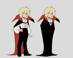 Rule 34 | 1boy, alternate costume, alternate universe, black cape, black pants, blonde hair, cape, closed mouth, commentary, english commentary, fang, fang out, full body, grey background, hanazawa teruki, highres, kyokyeo, long sleeves, looking at viewer, male focus, mob psycho 100, pants, red cape, shirt, short hair, simple background, smile, standing, two-sided cape, two-sided fabric, vampire, white shirt