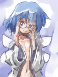 Rule 34 | 1girl, adjusting eyewear, bespectacled, cirno, dress, female focus, glasses, gradient background, lowres, navel, open clothes, open shirt, shirt, sketch, solo, touhou, yohane