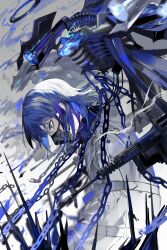 Rule 34 | 1boy, absurdres, belt, blue eyes, blue fire, blue hair, bound, bound arms, buckle, chain, chain gun, coat, collar, commentary request, earrings, exoskeleton, fire, floating, from side, hair between eyes, halo, high collar, highres, jewelry, kushiro kuki, long sleeves, looking down, male focus, mask, medium hair, mouth mask, original, smoke trail, solo, upper body, white coat