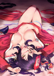 Rule 34 | 1girl, bad id, bad pixiv id, black hair, bodypaint, borrowed character, breasts, brown eyes, commentary, commission, covered erect nipples, english commentary, gainoob, hair ornament, japanese clothes, kimono, large breasts, long hair, looking at viewer, lying, naked kimono, on back, original, robe, solo