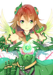 Rule 34 | 1girl, armor, armored dress, bare shoulders, bow, braid, byte (allbyte), cowboy shot, dagger, dress, feathered wings, gauntlets, green bow, green eyes, green valkyrie (p&amp;d), hair bow, hair ornament, halterneck, highres, knife, long hair, looking at viewer, orb, puzzle &amp; dragons, shizuka (deatennsi), simple background, single braid, sleeveless, sleeveless dress, smile, solo, valkyrie, valkyrie (p&amp;d), weapon, white background, wings, wood valkyrie (p&amp;d)