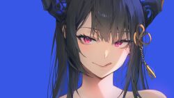 Rule 34 | 1girl, absurdres, asymmetrical horns, bare shoulders, black hair, blue background, blue hair, blush, demon girl, demon horns, hair ornament, highres, hololive, hololive english, horns, lipstick, long hair, looking at viewer, makeup, mole, mole under eye, multicolored hair, nerissa ravencroft, newbie (newbie 132), pink eyes, portrait, simple background, smile, solo, tongue, tongue out, two-tone hair, uneven horns, virtual youtuber