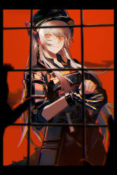 Rule 34 | 1girl, arknights, armor, black gloves, black headwear, commentary, dragon horns, dragon tail, earpiece, english commentary, gloves, hat, highres, horns, in cage, lirseven, long hair, looking at viewer, official alternate costume, orange background, orange eyes, police, police hat, police uniform, pov, pov hands, saria (arknights), saria (the law) (arknights), single glove, solo focus, standing, staring, tail, uniform, upper body, white hair, wristband