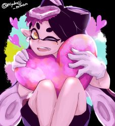 Rule 34 | artist name, black hair, callie (splatoon), earrings, fang, food, food on head, gloves, heart, heart-shaped pillow, hugging object, inkling, jewelry, looking at viewer, miyukaji mikan, mole, mole under eye, nintendo, object on head, one eye closed, open mouth, orange eyes, pillow, pillow hug, pointy ears, sitting, solo, splatoon (series), splatoon 1, tentacle hair, tentacles, white gloves