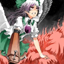 Rule 34 | 1girl, all fours, purple gemstone, arm cannon, black wings, bow, breasts, brooch, buttons, cannon, cape, center frills, clenched teeth, collarbone, collared shirt, determined, feathered wings, fire, frills, gem, gradient hair, green skirt, hair bow, jewelry, koke (moromiso), leaning forward, looking up, multicolored hair, puffy short sleeves, puffy sleeves, purple eyes, purple hair, red eyes, reiuji utsuho, shirt, short sleeves, skirt, smoke, space, spread wings, teeth, third eye, touhou, weapon, white hair, white shirt, wings