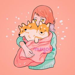 Rule 34 | 1girl, animal focus, artist name, bad id, bad instagram id, blanket, cerberus, dog, green sweater, long sleeves, meyoco, multiple heads, original, pink background, red hair, shiba inu, simple background, sparkle, sweater, upper body, yellow eyes