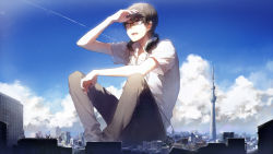 Rule 34 | 1boy, city, cityscape, cloud, day, giant, giant male, glasses, headphones, indie utaite, male focus, niconico, open mouth, pants, rella, scenery, shirt, shoose, short hair, sitting, sky, solo, time machine (vocaloid), tower, utaite, vocaloid
