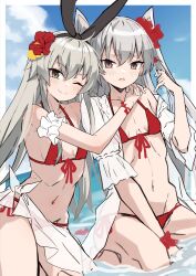 Rule 34 | 2girls, amatsukaze (kancolle), bikini, blush, breasts, brown eyes, cloud, day, flower, grey hair, hair between eyes, hair flower, hair ornament, hibiscus, highres, kantai collection, kneeling, long hair, looking at viewer, multiple girls, off shoulder, one eye closed, parted lips, red bikini, red flower, sarong, see-through, shimakaze (kancolle), sitting, sky, small breasts, smile, swimsuit, takanashi kei (hitsujikan), two side up, very long hair