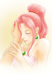 Rule 34 | 1990s (style), 1girl, bare shoulders, dress, earrings, edward geraldine, final fantasy, final fantasy iv, final fantasy iv: the after years, hand on another&#039;s face, jewelry, kaworuko, long hair, pink dress, pink hair, pink lips, ponytail, porom, pov, pov hands, solo focus, strapless, strapless dress