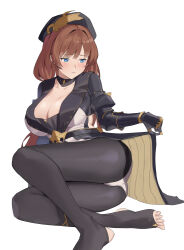 Rule 34 | 1girl, ass, black hat, black pantyhose, black skirt, blue eyes, blush, breasts, brown hair, choker, cleavage, closed mouth, coat, commentary, english commentary, fikkyun, foot out of frame, furrowed brow, gauntlets, granblue fantasy, hat, highres, large breasts, leotard, long hair, looking to the side, pantyhose, raziel (granblue fantasy), sidelocks, sitting, skirt, skirt hold, solo, stirrup legwear, toeless legwear, toes, white background, white leotard, yokozuwari