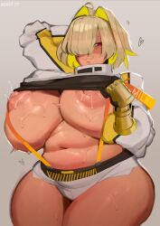 Rule 34 | 1girl, :3, absurdres, ahoge, arm behind head, artist name, blonde hair, breasts, breasts out, closed mouth, commentary, cowboy shot, elegg (nikke), english commentary, english text, exposed pocket, gloves, goddess of victory: nikke, grey shorts, hair intakes, hair over eyes, heart, highres, huge breasts, lactation, lifting own clothes, long bangs, long sleeves, looking at viewer, medium hair, multicolored clothes, multicolored gloves, multicolored hair, navel, nezulet, nipples, plump, purple eyes, shorts, simple background, solo, suspender shorts, suspenders, sweat, thick thighs, thighs, two-tone hair