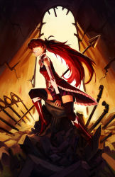Rule 34 | 10s, 1girl, bad deviantart id, bad id, bare shoulders, black thighhighs, boots, food, grin, long hair, mahou shoujo madoka magica, mahou shoujo madoka magica (anime), mouth hold, noirrac, pleated skirt, pocky, polearm, ponytail, red hair, sakura kyoko, shadow, skirt, smile, solo, spear, thighhighs, weapon