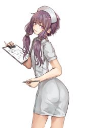 Rule 34 | 1girl, bad anatomy, clipboard, commentary, cowboy shot, dress, hair ornament, hand up, hat, highres, holding, holding clipboard, holding pen, left-handed, looking at viewer, looking back, nurse, nurse cap, parted lips, pen, pinky out, purple eyes, purple hair, shiroice, short hair with long locks, sidelocks, smile, solo, twitter username, vocaloid, voiceroid, white background, white dress, yuzuki yukari