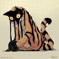 Rule 34 | animal focus, artist name, commentary, constricted pupils, dream tiger (govy9807), english commentary, full body, no humans, original, sharp teeth, signature, simple background, sitting, solo, teeth, tiger, tongue, tongue out, weeperpawler, yarn, yarn ball, yellow background, yellow eyes