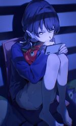 Rule 34 | 1girl, barefoot, blue eyes, blue sweater, cellphone, commentary request, highres, holding, holding phone, indoors, knees up, koiori, link! like! love live!, long hair, looking at phone, love live!, murano sayaka, phone, shorts, sidelocks, sitting, smartphone, solo, sweater, twintails