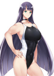 Rule 34 | 1girl, abs, black hair, black one-piece swimsuit, breasts, choker, competition swimsuit, cross, cross necklace, earrings, eye contact, fate/grand order, fate (series), green eyes, hand on own hip, highres, jewelry, large breasts, long hair, looking at another, looking at viewer, martha (fate), martha (swimsuit ruler) (fate), muscular, muscular female, navel, necklace, one-piece swimsuit, solo, swimsuit, thighs, tobisawa, very long hair, white background