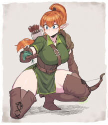 Rule 34 | 1girl, armor, belt, belt buckle, blue eyes, boots, bow (weapon), breasts, brown belt, brown footwear, brown gloves, buckle, chest belt, closed mouth, collarbone, collared shirt, commentary, corset, curvy, elbow gloves, elf, full body, gloves, green shirt, grey background, hair between eyes, high ponytail, holding, holding bow (weapon), holding leaf, holding weapon, large breasts, leaf, long hair, looking to the side, orange hair, original, pointy ears, ponytail, quiver, shadow, shirt, shoulder armor, signature, solo, spacezin, squatting, thick thighs, thigh boots, thighs, weapon