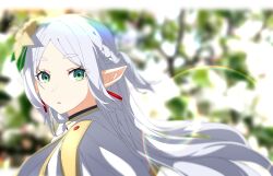Rule 34 | 1girl, absurdres, akimio, blurry, blurry background, earrings, elf, flower, frieren, green eyes, hair flower, hair ornament, highres, jewelry, lens flare, long hair, looking at viewer, pointy ears, portrait, solo, sousou no frieren, white hair