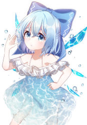 Rule 34 | 1girl, alternate costume, ametama (runarunaruta5656), arm up, blue bow, blue dress, blue eyes, blue hair, bow, bubble, cirno, dress, hair between eyes, hair bow, hand on own hip, highres, hydrokinesis, ice, ice wings, looking at viewer, off-shoulder dress, off shoulder, open mouth, short hair, short sleeves, simple background, solo, standing, touhou, water, water dress, white background, wings