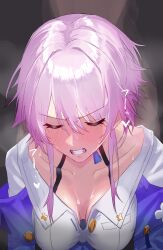 Rule 34 | 1girl, absurdres, blue jacket, blush, breasts, clenched teeth, closed eyes, collarbone, commentary, dress shirt, embarrassed, from above, highres, honkai: star rail, honkai (series), jacket, long sleeves, march 7th (honkai: star rail), medium breasts, medium hair, nose blush, partially unbuttoned, pechino, pink hair, portrait, shirt, solo, teeth, unbuttoned, unbuttoned shirt, white shirt