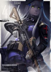 Rule 34 | 1girl, 404 logo (girls&#039; frontline), acog, assault rifle, beret, character name, english text, german flag, girls&#039; frontline, gloves, green eyes, gun, h&amp;k hk416, hat, highres, hk416 (girls&#039; frontline), holding, holding gun, holding weapon, laser, laser pointer, laser pointer projection, magazine (weapon), okita, rifle, solo, tactical clothes, trigger discipline, weapon, white hair