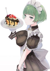 Rule 34 | 1girl, apron, black dress, blunt bangs, blush, breasts, cake, closed mouth, dress, food, frilled apron, frills, gloves, green hair, grey eyes, holding, holding plate, last origin, looking at viewer, maid headdress, medium breasts, mel (dodosae), plate, short sleeves, simple background, upper body, vanilla (last origin), waitress, white apron, white background, white gloves, wrist cuffs