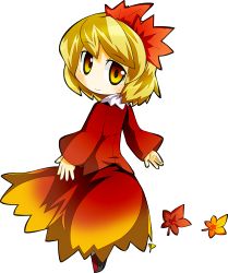 Rule 34 | 1girl, aki shizuha, blonde hair, byourou, chibi, female focus, full body, hair ornament, leaf, leaf hair ornament, leaf on head, looking back, lowres, object on head, short hair, skirt, skirt set, smile, solo, touhou, transparent background, yellow eyes