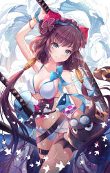 Rule 34 | 1girl, arm up, armpits, bangle, bare shoulders, belt, bikini, blue eyes, bracelet, collarbone, cowboy shot, develop2, fate/grand order, fate (series), floral print, goggles, goggles on head, hair ornament, holding, holding sword, holding weapon, jewelry, katana, katsushika hokusai (fate), katsushika hokusai (swimsuit saber) (fate), leg belt, long hair, looking at viewer, low twintails, navel, octopus, purple hair, smile, standing, swimsuit, sword, tokitarou (fate), twintails, very long hair, water, waves, weapon, white bikini
