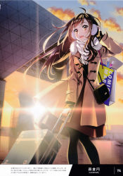 Rule 34 | 1girl, absurdres, ahoge, artist name, backlighting, bag, blush, brown eyes, brown hair, cloud, cloudy sky, coat, duffel coat, earmuffs, feet out of frame, fur trim, gradient sky, hand up, handbag, highres, holding, long hair, long sleeves, looking away, luggage, melonbooks, morikura en, open clothes, open coat, open mouth, orange sky, page number, pantyhose, scan, scarf, shiny skin, skirt, sky, solo, sunset, white scarf, winter clothes, winter coat