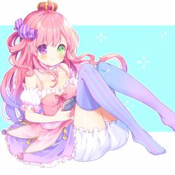 Rule 34 | &gt;:), 1girl, asymmetrical legwear, bloomers, breasts, candy hair ornament, cleavage, controller, crescent, crescent earrings, crown, detached sleeves, dress, earrings, food-themed hair ornament, game controller, gradient hair, green eyes, hair ornament, heterochromia, highres, himemori luna, himemori luna (1st costume), hololive, jewelry, kosuzume, medium breasts, mini crown, mismatched legwear, multicolored hair, one side up, pink dress, pink hair, puffy short sleeves, puffy sleeves, purple eyes, purple hair, short sleeves, smile, solo, striped clothes, striped thighhighs, thighhighs, underwear, v-shaped eyebrows, vertical-striped clothes, vertical-striped thighhighs, virtual youtuber