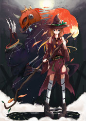 Rule 34 | bell, blonde hair, detached sleeves, halloween, hat, highres, hrd, long hair, matches, monster, night, original, pumpkin, smile, thighhighs, witch, witch hat