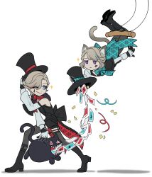 Rule 34 | 1boy, 1girl, absurdres, animal ears, aqua bow, black bow, black footwear, black gloves, black shorts, black thighhighs, boots, bow, brother and sister, card, cat, cat ears, cat tail, closed mouth, coin, confetti, garter straps, genshin impact, gloves, grey hair, hat, highres, holding, holding clothes, holding hat, lynette (genshin impact), lyney (genshin impact), one eye closed, pillosopi, playing card, purple eyes, shirt, shorts, siblings, sidelocks, simple background, smile, sparkle, tail, thighhighs, top hat, unworn hat, unworn headwear, white background, white shirt