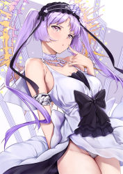 Rule 34 | 1girl, armlet, bare shoulders, blush, breasts, choker, collarbone, cowboy shot, dress, euryale (fate), euryale (third ascension) (fate), fate/grand order, fate (series), finger to mouth, groin, hairband, headdress, jewelry, lolita hairband, long hair, looking at viewer, medium breasts, necklace, panties, purple eyes, purple hair, pursed lips, sidelocks, solo, twintails, underwear, very long hair, white dress, white panties, yamaishi (mukoubuti)
