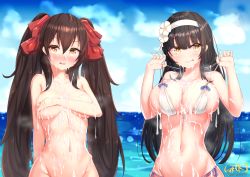 Rule 34 | 2girls, :p, alternate costume, arm across chest, arm behind back, beach, bikini, bikini tug, black hair, blue sky, blush, breast lift, breasts, brown eyes, brown hair, bukkake, cleavage, closed mouth, cloud, collarbone, covering privates, covering breasts, cum, cum on body, cum on breasts, cum on upper body, dated, day, facial, flower, girls&#039; frontline, gmkj, groin, hair between eyes, hair flower, hair ornament, hair ribbon, hairband, heart, heart-shaped pupils, highres, large breasts, long hair, looking at viewer, multiple girls, navel, nude, ocean, open mouth, out-of-frame censoring, outdoors, red ribbon, ribbon, sidelocks, signature, skindentation, sky, smile, standing, stomach, swimsuit, symbol-shaped pupils, tongue, tongue out, twintails, type 95 (girls&#039; frontline), type 97 (girls&#039; frontline), very long hair, white bikini, white hairband, yellow eyes