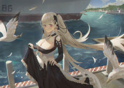 Rule 34 | 1girl, absurdres, azur lane, bad id, bad pixiv id, bare shoulders, between breasts, bird, black dress, blush, breasts, chromatic aberration, cirilla lin, cleavage, closed mouth, clothing cutout, cowboy shot, day, detached collar, diagonal stripes, dress, feathers, formidable (azur lane), frown, grey hair, hair over one eye, hair ribbon, hair strand, highres, large breasts, long hair, long sleeves, looking at viewer, motion blur, muted color, ocean, outdoors, red eyes, ribbon, seagull, shade, ship, shoulder cutout, skirt hold, solo, standing, striped, sunlight, two side up, very long hair, watercraft