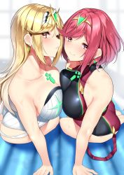 Rule 34 | 2girls, ass, bare shoulders, black one-piece swimsuit, blonde hair, blush, breast press, breasts, chest jewel, cleavage, collarbone, competition swimsuit, covered navel, earrings, gem, highres, inflatable raft, jewelry, large breasts, long hair, looking at viewer, multiple girls, mythra (radiant beach) (xenoblade), mythra (xenoblade), nebusoku, nintendo, one-piece swimsuit, parted lips, pyra (pro swimmer) (xenoblade), pyra (xenoblade), red hair, red one-piece swimsuit, short hair, sidelocks, sitting, smile, swept bangs, swimsuit, thighs, tiara, two-tone swimsuit, wet, white one-piece swimsuit, xenoblade chronicles (series), xenoblade chronicles 2, yellow eyes