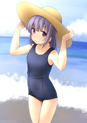 Rule 34 | 1girl, arms up, bare arms, bare shoulders, black one-piece swimsuit, blue sky, breasts, brown hat, closed mouth, cloud, collarbone, commentary request, day, gluteal fold, hands on headwear, hat, highres, horizon, long hair, looking at viewer, ocean, old school swimsuit, one-piece swimsuit, original, outdoors, purple eyes, purple hair, school swimsuit, shibacha, sky, small breasts, smile, solo, standing, sun hat, swimsuit, thigh gap, water