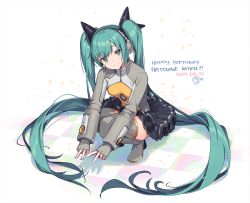 Rule 34 | animal ear headphones, aqua eyes, aqua hair, beige legwear, beige shirt, black skirt, bodysuit, boots, cat ear headphones, checkered floor, commentary, double v, fake animal ears, fingerless gloves, frilled skirt, frills, gloves, hair ornament, happy birthday, hatsune miku, headphones, high heel boots, high heels, long hair, looking at viewer, looking up, nagu, odds &amp; ends (vocaloid), outstretched arms, shadow, skirt, smile, speaker, squatting, thigh boots, thighhighs, twintails, v, very long hair, vocaloid, zettai ryouiki