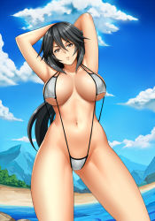 Rule 34 | 1girl, alternate costume, armpits, arms behind head, arms up, beach, bikini, black hair, blue sky, breasts, breasts apart, brown eyes, cloud, collarbone, commission, cowboy shot, day, hair between eyes, head tilt, infinite stratos, large breasts, legs apart, long hair, looking at viewer, metalbolic, mountainous horizon, navel, one-piece swimsuit, orimura chifuyu, outdoors, parted lips, sky, slingshot swimsuit, solo, standing, stomach, swimsuit, thighs, tsurime, white bikini, white one-piece swimsuit