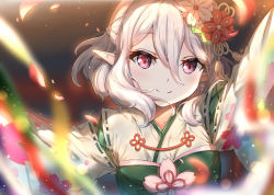 Rule 34 | arms up, commentary, floral print, flower, hair between eyes, hair flower, hair ornament, highres, japanese clothes, kimono, kokkoro (new year) (princess connect!), kokkoro (princess connect!), light blush, long sleeves, looking at viewer, petals, pointy ears, princess connect!, purple eyes, short hair, silver hair, smile, solo, split mouth, upper body, xin (zinc)