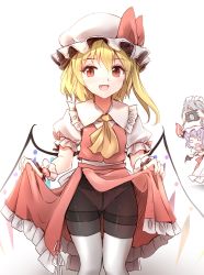 Rule 34 | 3girls, :d, ascot, black legwear, blonde hair, blush, boots, bow, bow panties, camera, clothes lift, commentary request, crotch seam, crystal, fang, flandre scarlet, hat, hat ribbon, izayoi sakuya, long hair, minust, mob cap, multiple girls, open mouth, panties, panties under pantyhose, pantyhose, puffy short sleeves, puffy sleeves, red eyes, remilia scarlet, ribbon, short sleeves, side ponytail, simple background, skindentation, skirt, skirt lift, skirt set, smile, thigh boots, thighband pantyhose, thighhighs, touhou, underwear, white background, white panties, wings, wrist cuffs