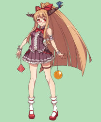 Rule 34 | 1girl, ahoge, alternate costume, bare shoulders, bespectacled, bow, bowtie, frills, full body, glasses, hair ribbon, highres, horns, ibuki suika, long hair, looking at viewer, orange hair, ponytail, red eyes, ribbon, shoes, simple background, skirt, smile, socks, solo, touhou, very long hair, wengcang hefeng, white socks, wrist cuffs