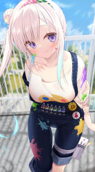 Rule 34 | 1girl, airani iofifteen, airani iofifteen (1st costume), blue hair, blurry, blurry background, blush, breasts, collarbone, dress, gradient hair, hair bun, hairband, hololive, hololive indonesia, holster, long hair, looking at viewer, medium breasts, multicolored hair, outdoors, overalls, paint on body, paint splatter, paint splatter on face, paint tube, paintbrush, pinafore dress, pink hair, print shirt, purple eyes, shadow, shirt, short sleeves, side ponytail, single side bun, sleeveless, sleeveless dress, solo, star (symbol), star in eye, symbol in eye, upper body, virtual youtuber, white dress, yano mitsuki (nanairo)