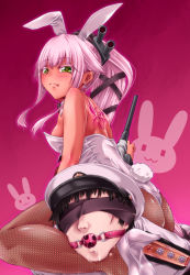 Rule 34 | 10s, 1boy, 1girl, :3, :p, admiral (kancolle), animal ears, ass, ball gag, bare shoulders, black hair, blindfold, breasts, earrings, fake animal ears, femdom, gag, gagged, gradient background, green eyes, heart, heart-shaped pupils, high heels, highres, human furniture, jewelry, kantai collection, leotard, machinery, medium breasts, pantyhose, pink hair, playboy bunny, rabbit ears, rabbit tail, saliva, sideboob, sitting, sitting on person, symbol-shaped pupils, tail, tattoo, tongue, tongue out, tsukineko, uniform, wiffle gag, yura (kancolle)