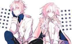 Rule 34 | 2boys, absurdres, ahoge, astolfo (fate), bad id, bad twitter id, black gloves, black pants, black shirt, blouse, blush, brown hair, cape, couple, fang, fate/apocrypha, fate (series), formal, fur cape, fur trim, gloves, hair between eyes, hand on own face, highres, jacket, kyo722, long sleeves, male focus, multiple boys, pants, pantyhose, pink eyes, red eyes, shirt, short hair, sieg (fate), simple background, sitting, suit, trap, uniform, white background, white cape, white jacket