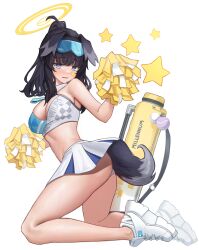 Rule 34 | 1girl, absurdres, animal ears, ass, bare shoulders, black hair, blue archive, blue eyes, cheerleader, crop top, dog ears, dog girl, dog tail, eyewear on head, facial mark, g rimp16533, goggles, goggles on head, halo, hibiki (blue archive), hibiki (cheer squad) (blue archive), highres, holding, holding pom poms, kneeling, long hair, looking at viewer, millennium cheerleader outfit (blue archive), official alternate costume, panties, pom pom (cheerleading), pom poms, sidelocks, skirt, solo, star (symbol), star facial mark, star sticker, sticker on face, tail, underwear, white background, white panties, white skirt, yellow halo